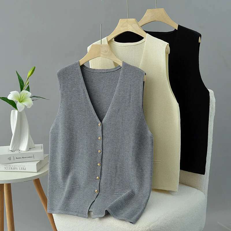 Women's V-Neck Rose Buckle Sleeveless Cardigan Sweater, Autumn Jumpers, Plus Size, 2262