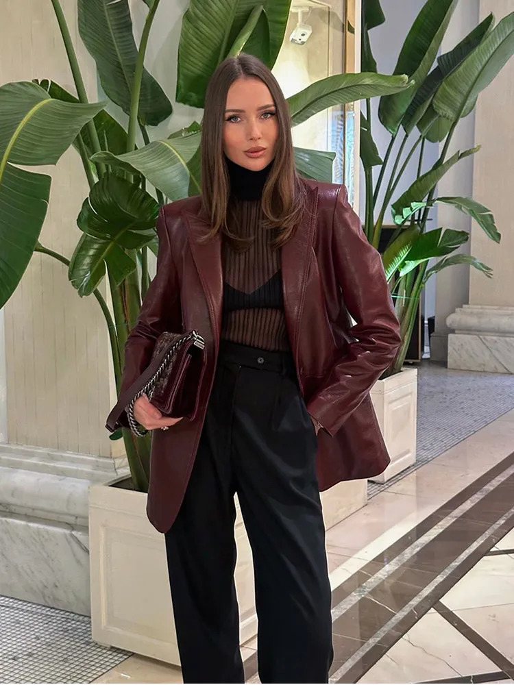 Womens Chci Burgundy Single Breasted Pu Leather Jackets Elegant Oversized Pockets Solid Coats 2025 Lady Street Outerwear Winter 250103