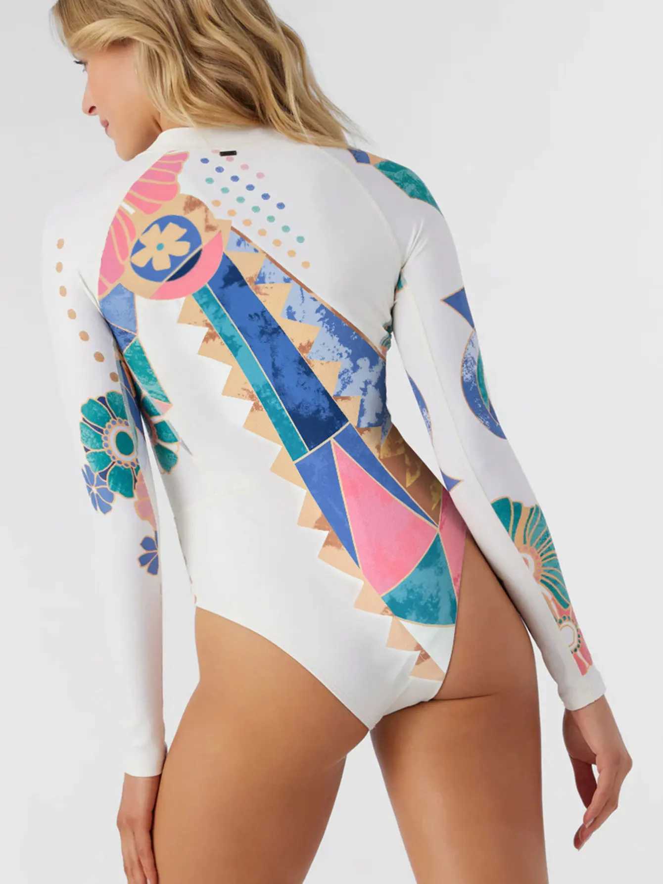 2024 New Print Long Seve One Piece Swimsuit Sexy Swimwear Women ss Beachwear Surf Bathing Suit Push Up Monokini FaXJ240108