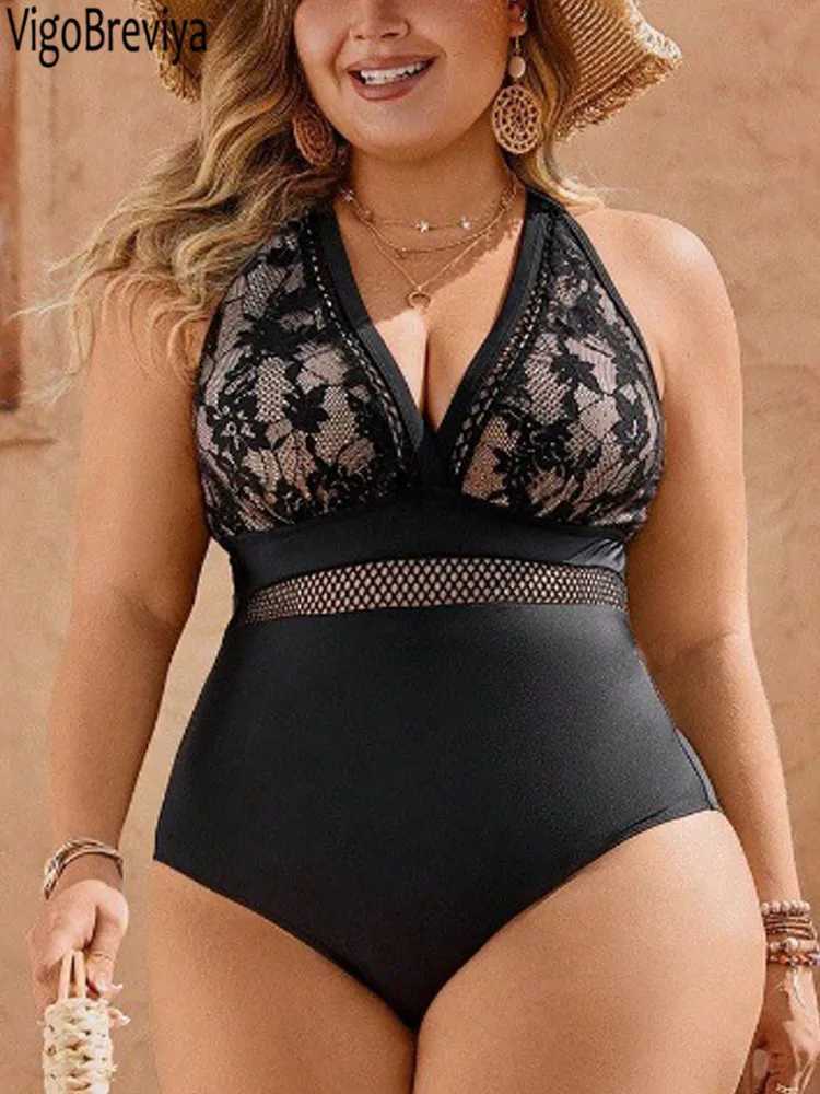 VigoJany 2025 Solid Hollow Plus Size Swimwear Women Lace Push Up Chubby Curvy One Piece Swimsuit Lady Large Big Bathing SuitXJ240108
