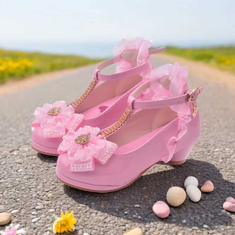 ULKNN Girls Sandals High Heels Pink Belt Buckle Childrens Bow White Shoes Size 26-37 Soft Kids Shoes W250108