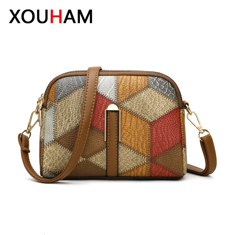 XOUHAM Color Block Shoulder Bags for Women National Style Double Zipper Crossbody Bag Ladies PU Leather Wallet Fashion Handbags 250106