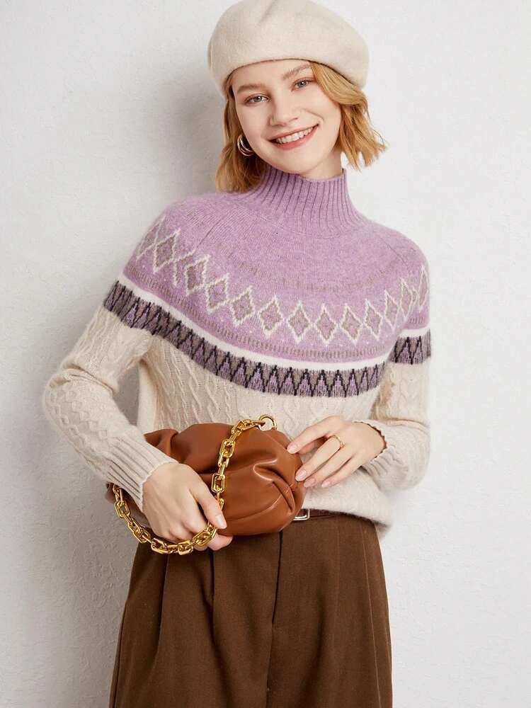 Women Vintage Style Faire Isle Jacquard Sweater Thick Mock Neck Pullover Autumn Winter 100% Cashmere Knitwear