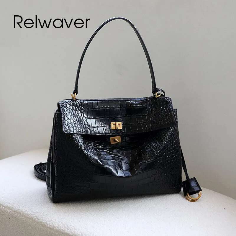 Relwaver Women Messenger Bags Genuine Leather Crocodile Cowhide Black Shoulder Bag 2025 Spring Summer Fashion Ladies Big Flap