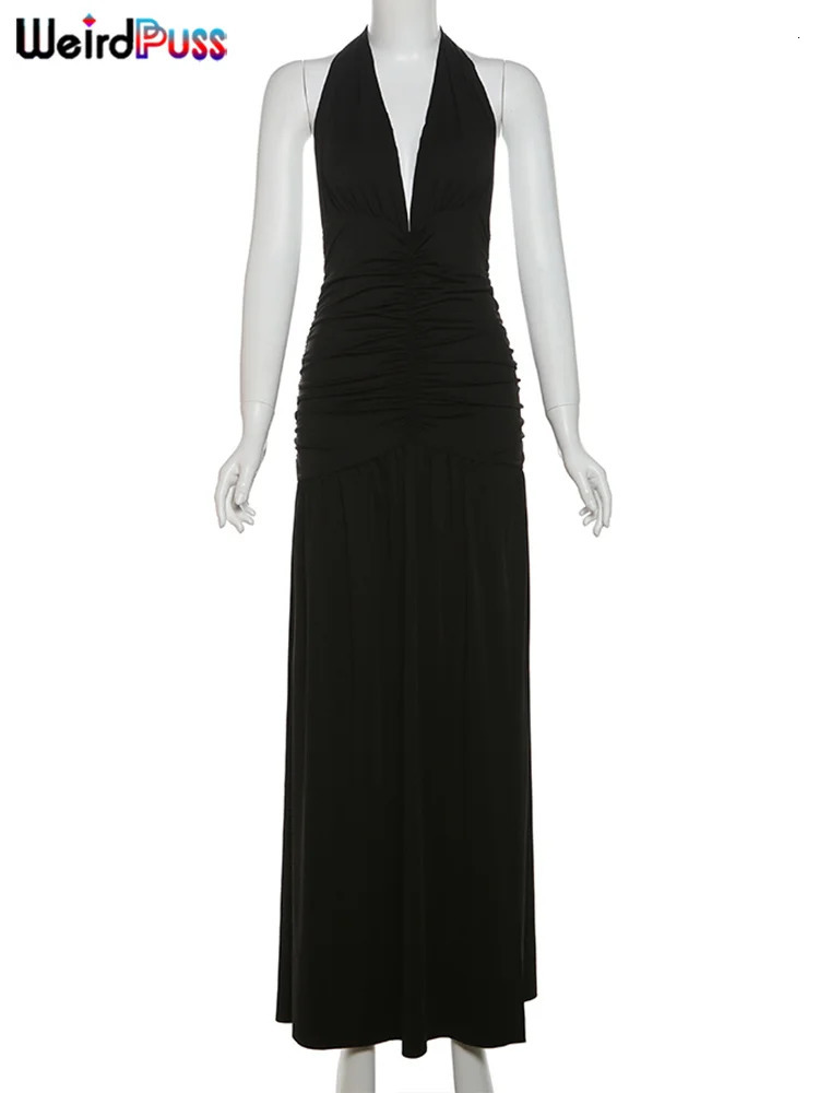 Elegant Halter Plunging V-Neck, Ruffle Detail, Backless Design - Summer Party Dress C260312