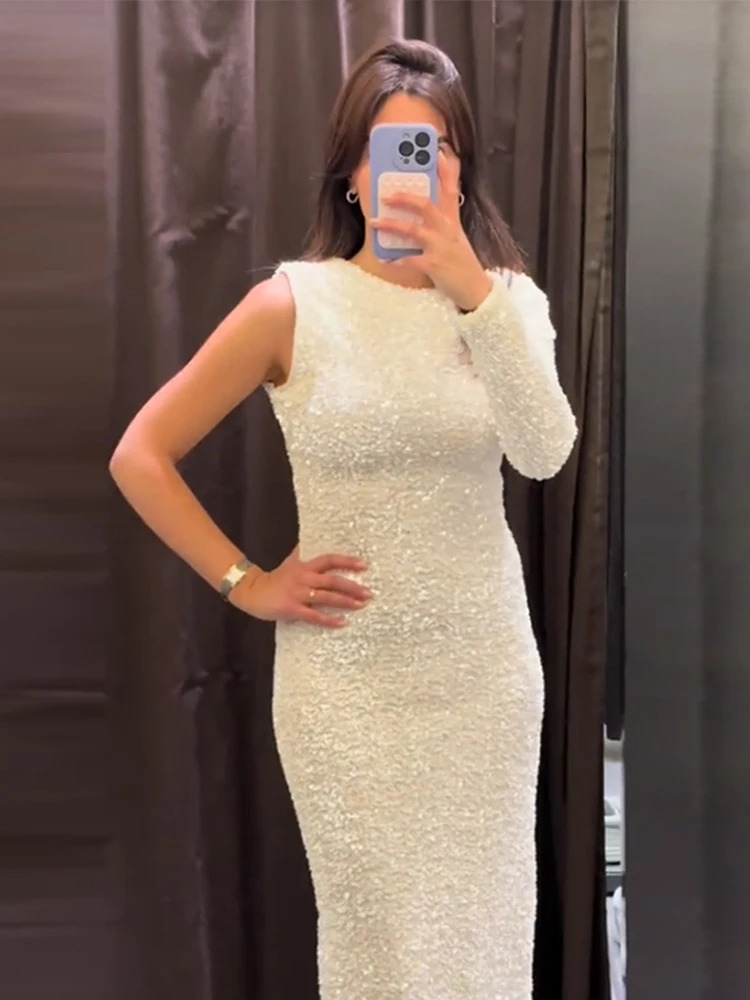 Elegant Solid Sequined Dress Women Detachable Sleeve Cover Glitter Party Dresses Female Fashion Shining Evening Robe Lady 250106