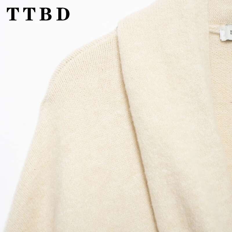 TTBD 2024 New Autumn Woman Casual Solid Color Knit Button Long Sleeve Cardigan Female Fashion Ruffles Turn-Down Collar Top Coat