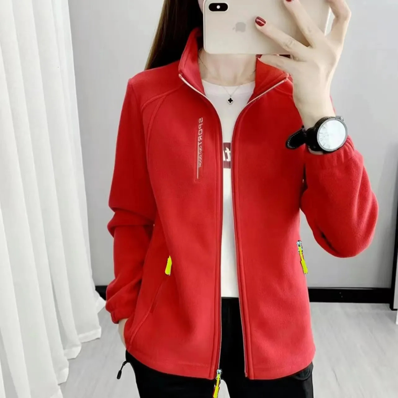 Polar Fleece Jacket for Women Spring Autumn Plush Thick Cardigan Coats Windproof Warm Stand Collar Hiking Thermal Chaqueta Mujer 250109