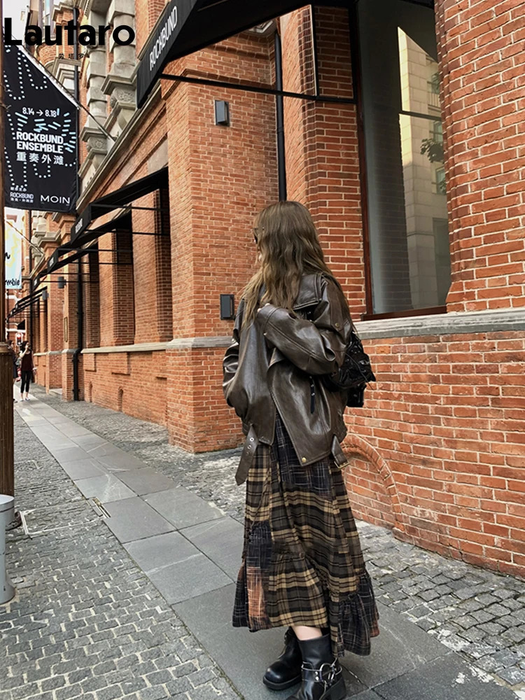 Lautaro Spring Cool Distressed Washed Brown Oversized Pu Leather Jacket Women Zippper y ner American Retro Clothing 250109