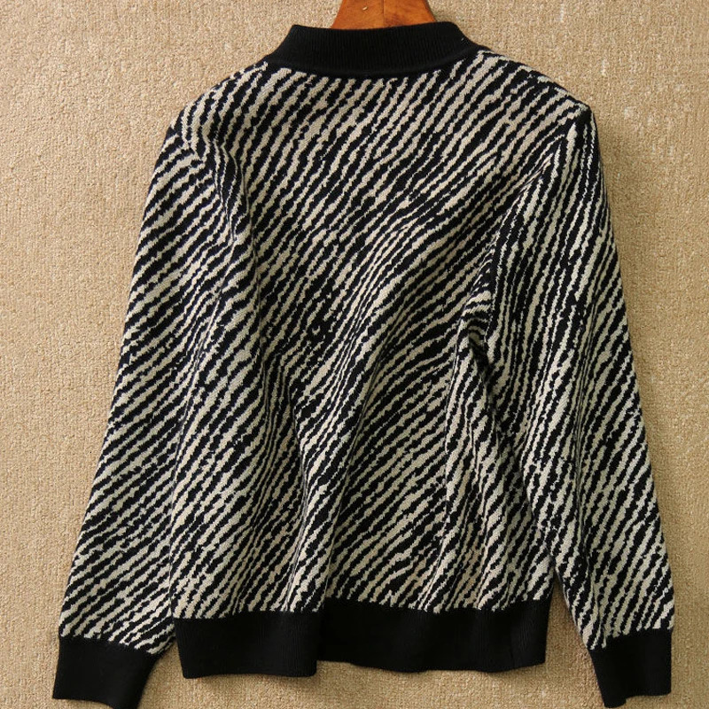 Elegant Striped Bomber Jackets Women Baseball Collar Knitted Outerwear Korean Fashion Cropped Coats Mother Spring Jacket 250109