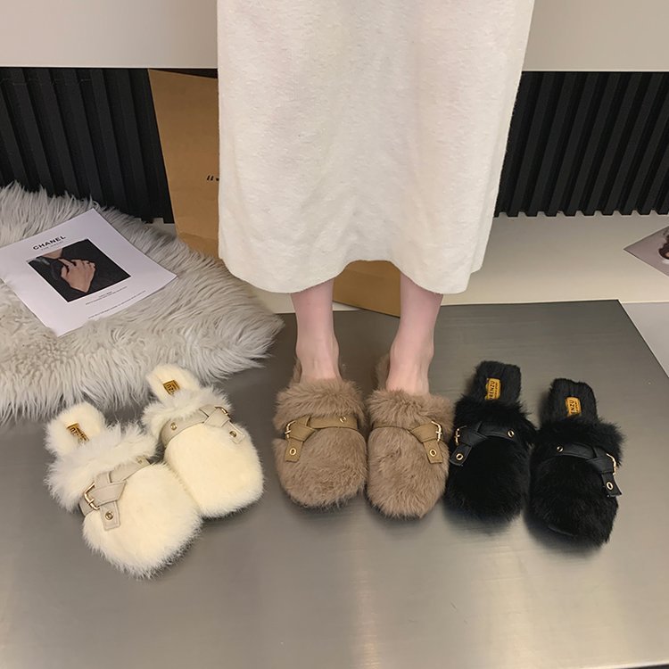 Women Slippers Winter Warm Flat Bottom New Fashion Square Toe Versatile Triple Black Beige Khaki Free shipping