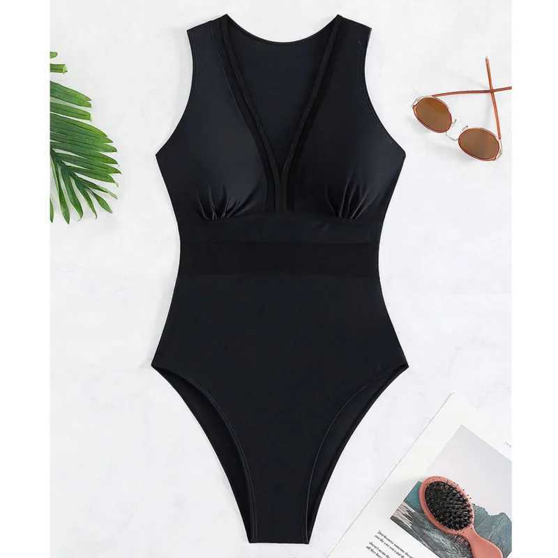 2025 Black Net Sexy One Piece Swimsuits Closed Womens Swimwear Push Up Swimming Wear Body Bathing Suit Beachwear Pool BatherXJ240108