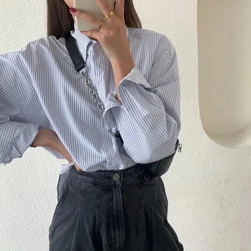 Korean Striped Loose Allmatch Blouse Spring Autumn Polo Neck Long Sleeve Preppy Style Shirt Tops Trend Casual Women Clothes 250109