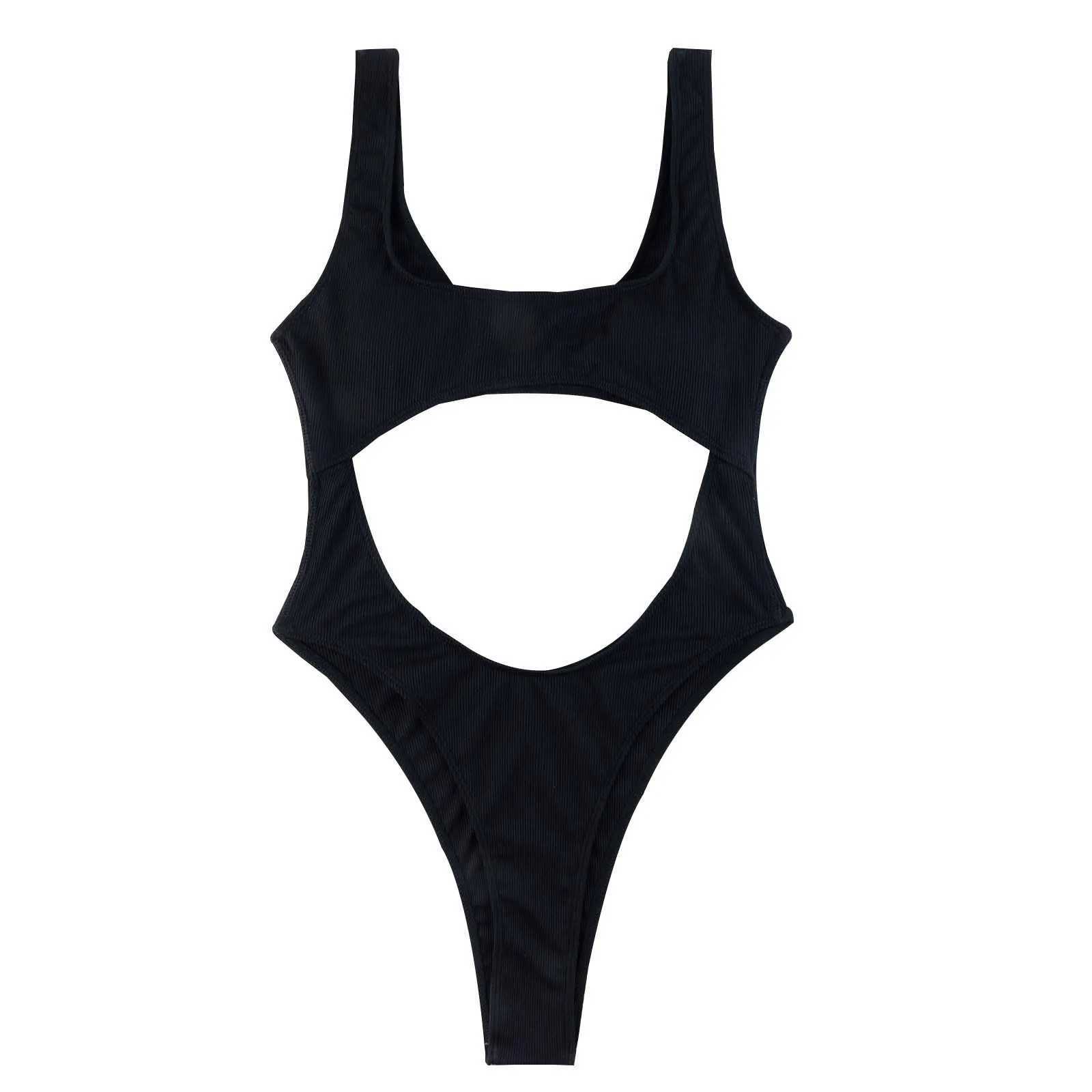 Sexy Hollow Out Swimsuit Womens Solid Bikini Summer 1 Piece Swimwear SquareNeck ss Monokini Fa Bathing Suit BeachwearXJ240108