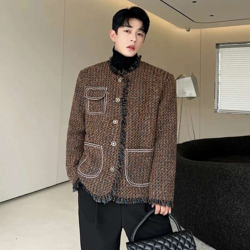 Tweed Woven Suit Jacket Trendy Men's Damaged Rough Edges Burrs Original Design Korean Elegant Stylish Blazer Coat Lz1730