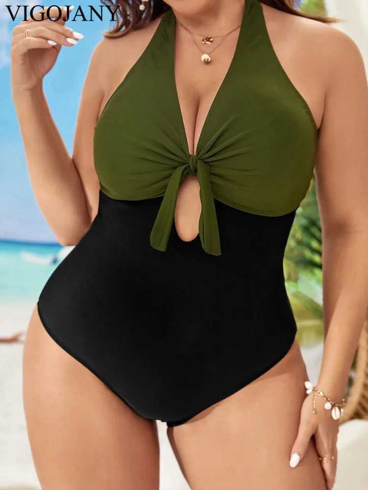 VigoJany 2025 Solid Patchwork Plus Size Swimwear Women Tied Halter Hollow One Piece Swimsuit Push Up ss Big Bathing SuitXJ240108