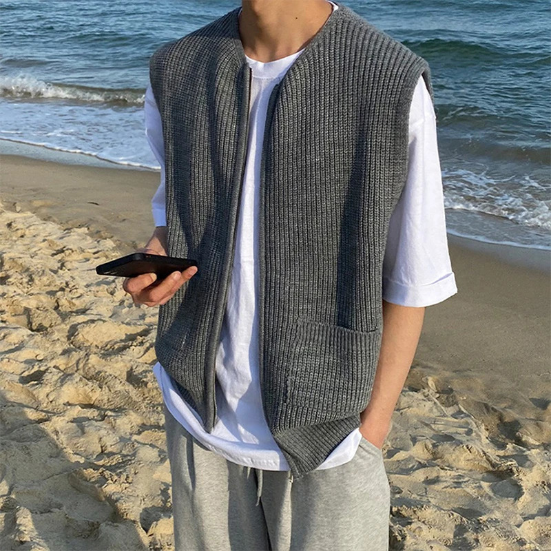 Mens Knitted Sleeveless Zipper Sweater Casual Clothing Waistcoat Port Style Leisure Pullover Spring Retro Knitwear 250107