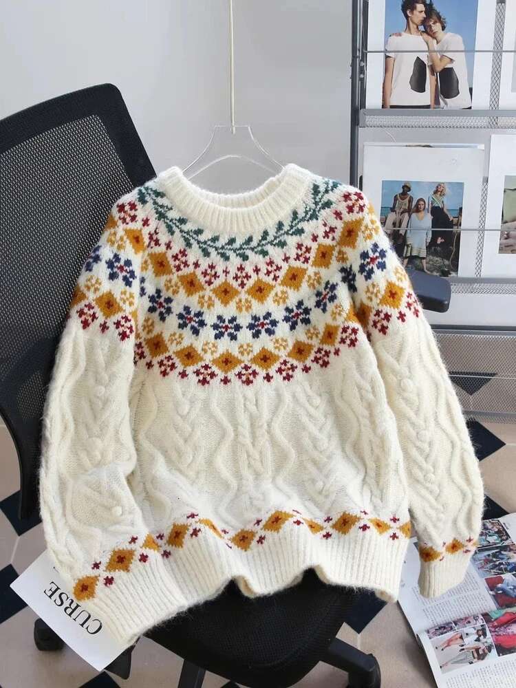 Crew Neck Fair Isle Sweater For Women Loose Vintage Jacquard Knitted Jumper Multi Color Geometric Outdoor Soft Pullovers