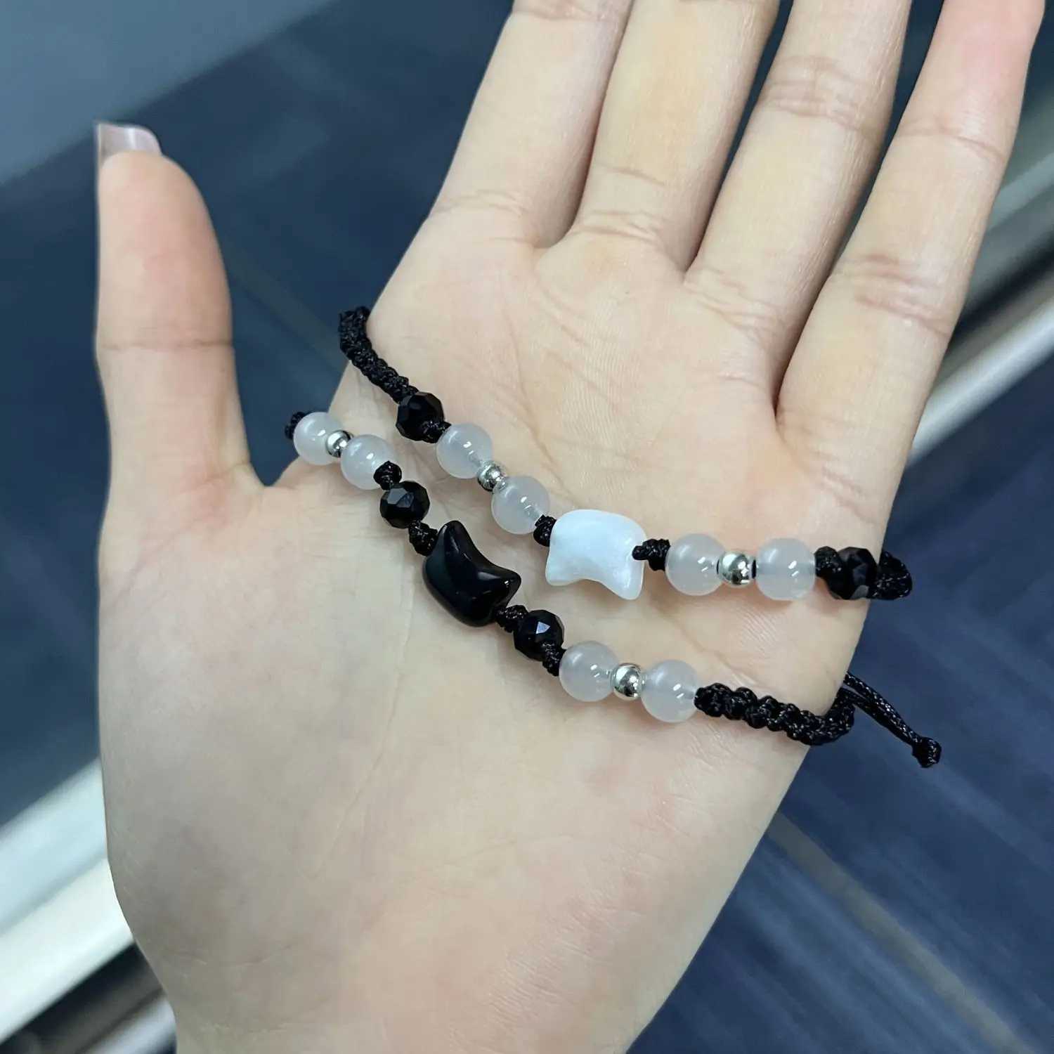 2pcs Natural Moonstone Obsidian Bracelets Couple Minimalist Bracelet Handmade Cute Black White Cat Bracelet Party Jewelry GiftsXJ250109