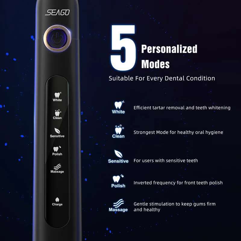 Seago Electric 5 Brushing Modes USB Rechargeable Toothbrush for Adult with 9 Refills Travel Box Wateproof Teeth Brush