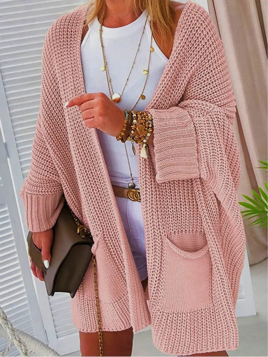 Pockets Knitted Cardigan for Women Casual V-neck Long Coat Fashion Autumn Winter Long Sleeve Sweater Vintage Chic Sweater Women 250106