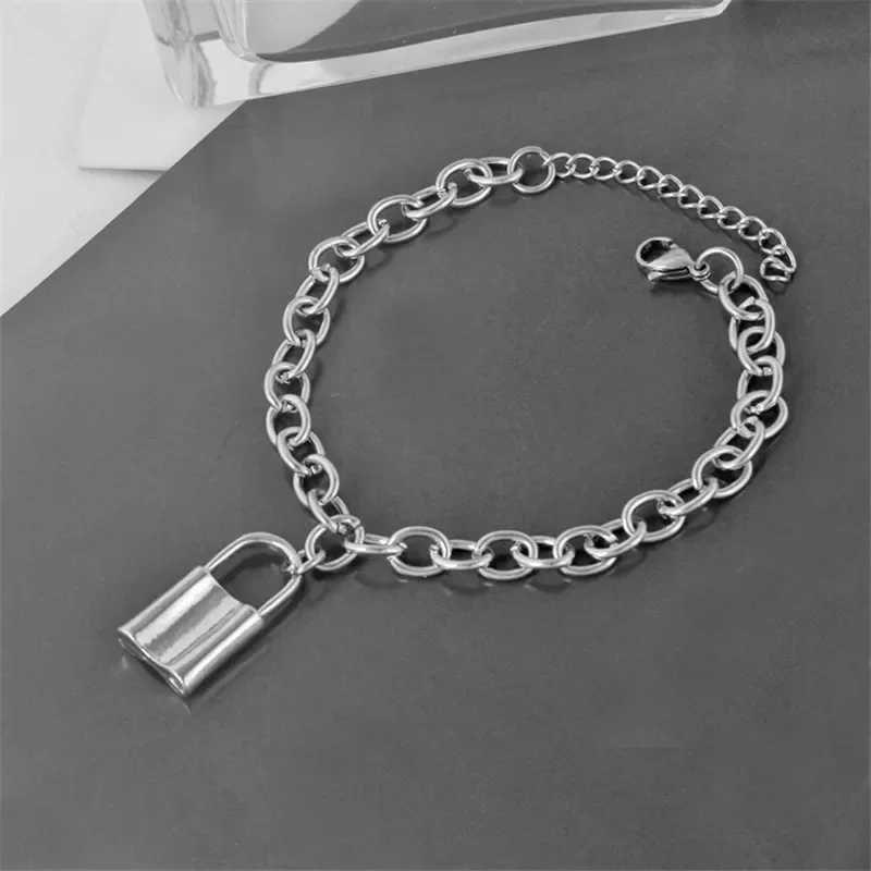 Punk Stainelss Steel Lock Pendant Bracelet Wristband Chunky Link Chain Gothic Lock Bangles for Women Men Fashion Jewelry S485XJ250109