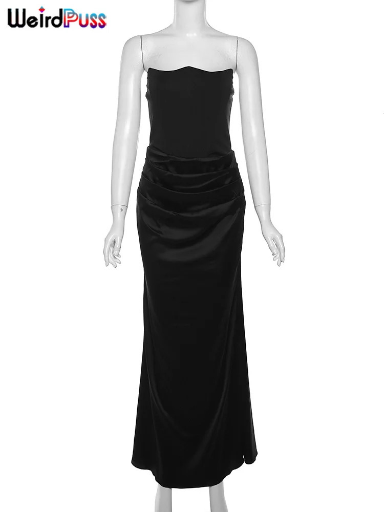 Weird Puss Strapless Ruched Women Long Dress Skinny Temperament Sensual Sexy Mermaid Bodycon Ladies Evening Party Event Vestido 250108