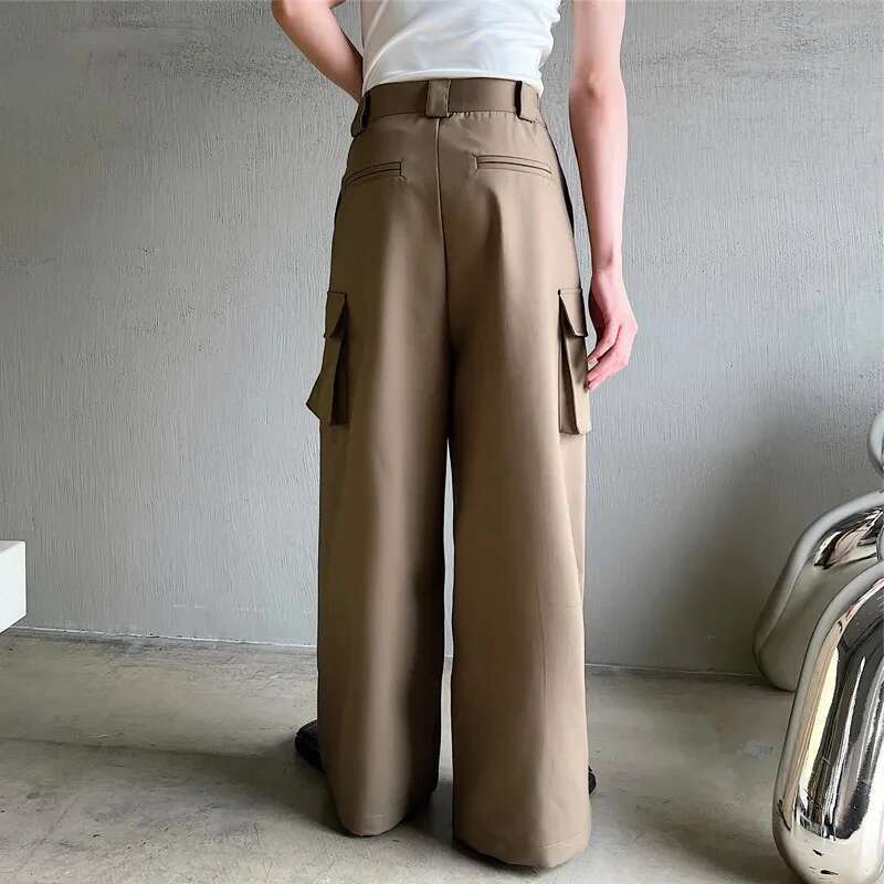 Stylish Original Baggy Straight Trousers Men's Elegant Splicing Design Solid Color Multi Pockets Trendy Pants