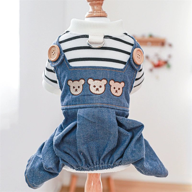 Dog Jumpsuit Pet Overall Round Neck Dog Denim Jumpsuit Adorable With Traction Ring Cartoon