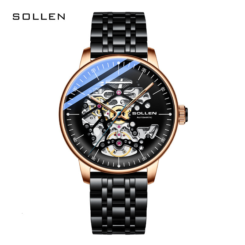 Men's Automatic Mechanical Watch with Curved Skeleton Steel Band and Night Glow