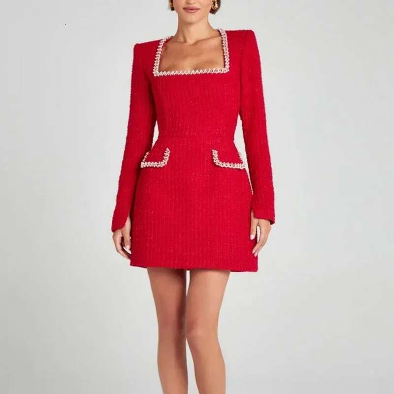 Talenza Long Sleeve Tweed Women's Elegant Square Neck Party Evening Gown Retro Slim Patchwork Short Dress Vestido