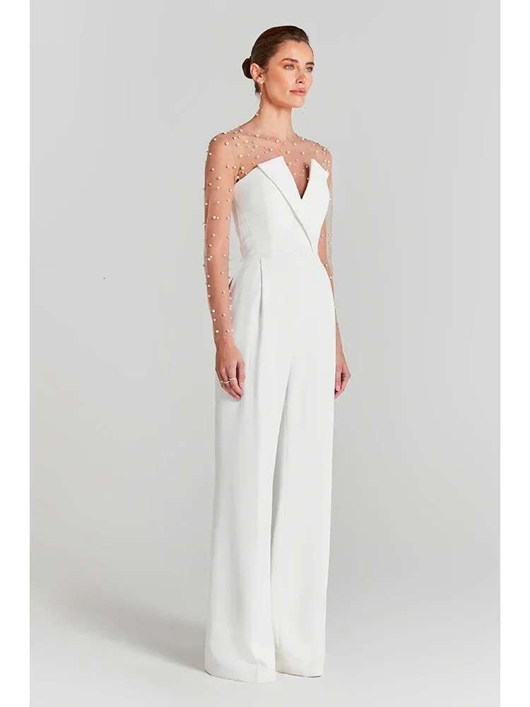 Sexy Long Sleeves Mesh Pearl Beaded Bodysuits+Strapless Two Piece Women White Jumpsuit Suits Evening Runway Sets