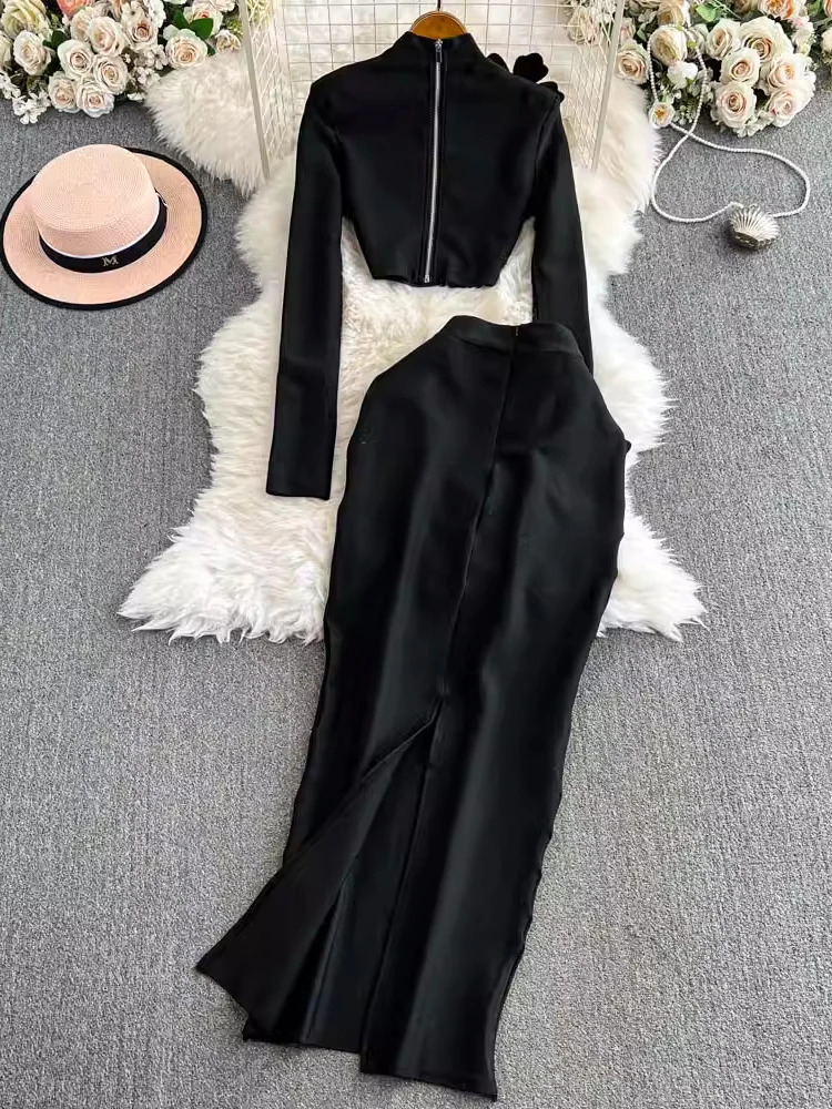 EWQ Elegant Two-piece Set Womens Stand Collar Long Sleeves Diamond Tops With High Waist Split Skirts 2025 Spring 27X1917 250109