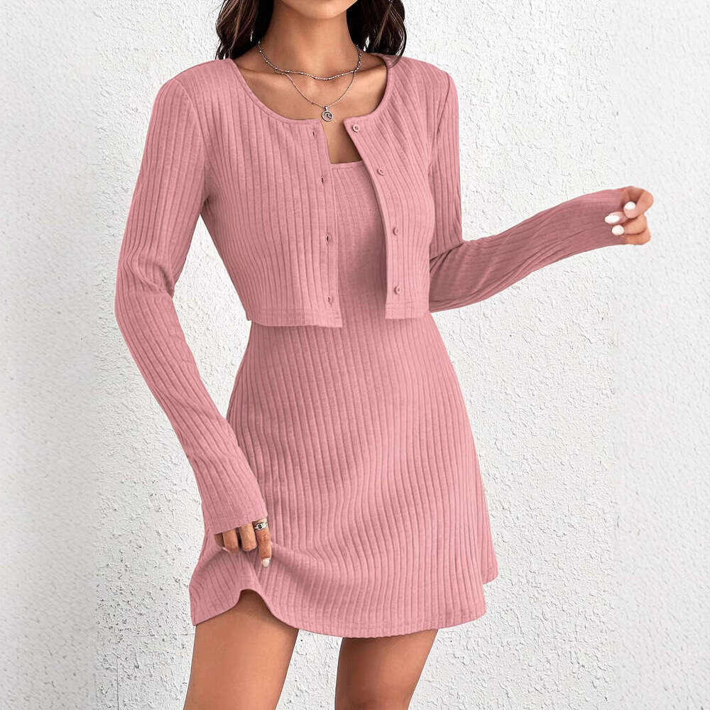 Autumn New For Foreign Trade, Two Piece Set, Premium Pink Knitted Cardigan, Women's Casual Set