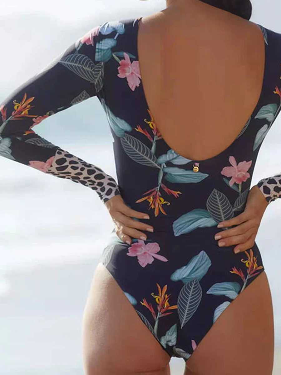 2023 Surfing Swimsuit Women One Piece Swimwear Print Long Seve Bathing Suit ss Rashguard Diving Clothes Padded BeachwearXJ240108