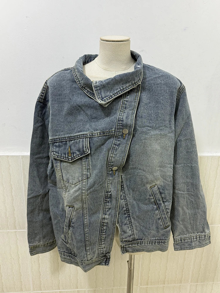 SHENGPALAE Fashion Womens Denim Coat Turtleneck Single Breasted Full Sleeve Patchwork Versatile Jacke Autumn 5R4436 250109
