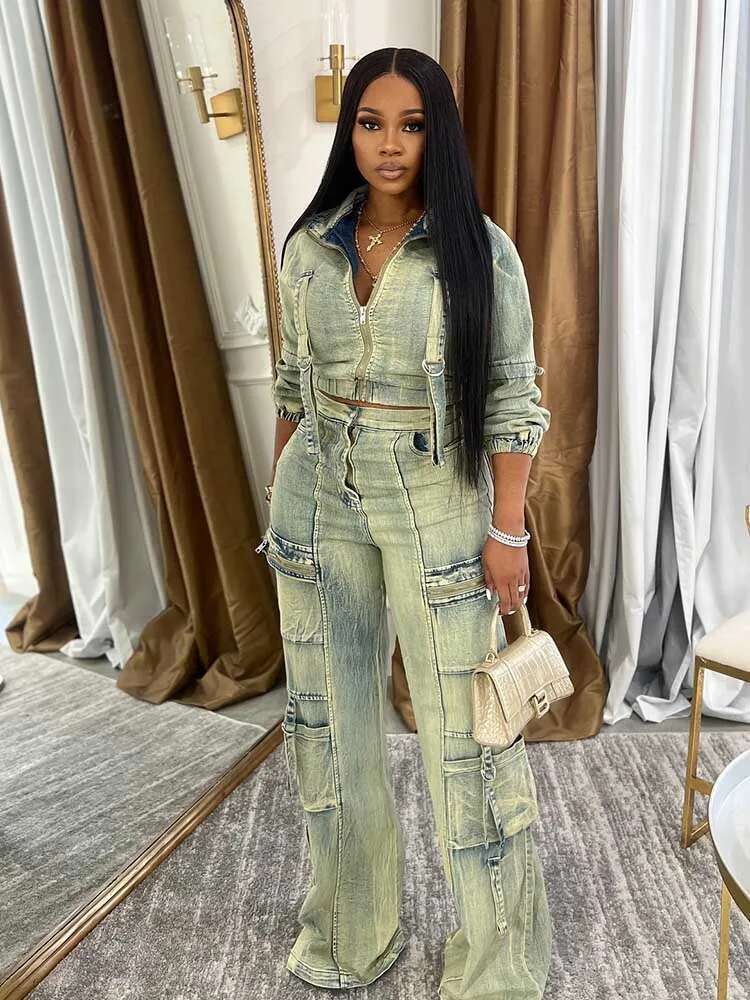 2 Piece Set For Women Winter Long Sleeve Jacket And Jeans Streetwear Sexy Stretchy Denim Pant Sets Wholesale Dropshipping