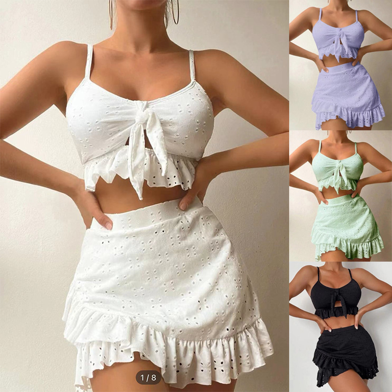 2025 Split Butt Skirt 3-Piece Designer Swimsuit with Ruffle Edge Trendy Swimsuit