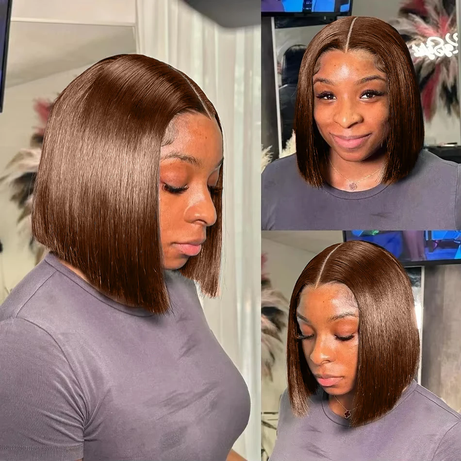 Brazilian Chocolate Brown Bone Straight 13x4 HD Transparent Lace Frontal Human Hair Wigs #2 Colored Short Bob daily Wig For Women