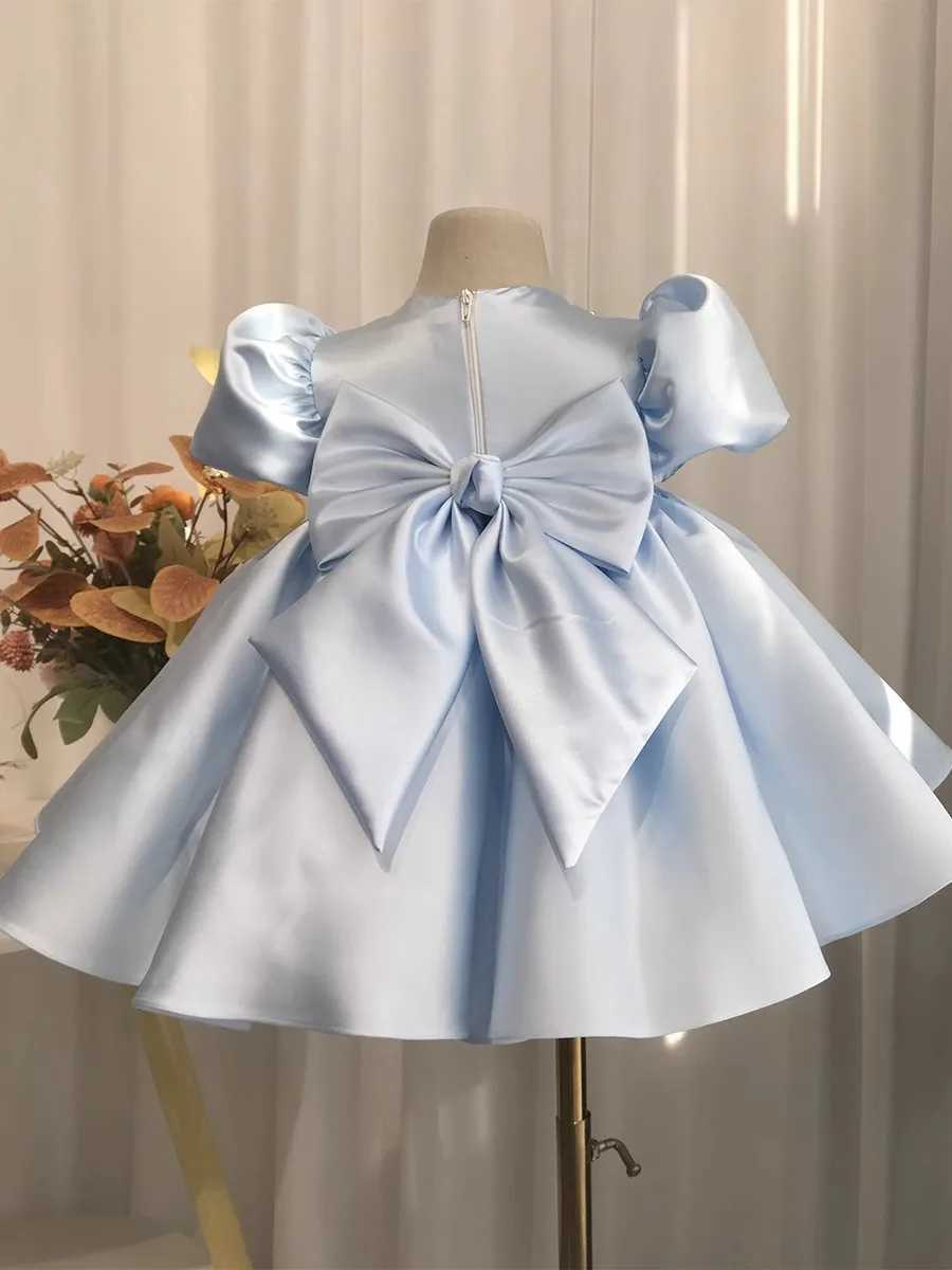 Sky Blue Satin Toddler First Birthday Par Dresses Puffy Sleeves Wedding Flower Girl Dress Pearls Holy Communion Baptism GownsXJ250108