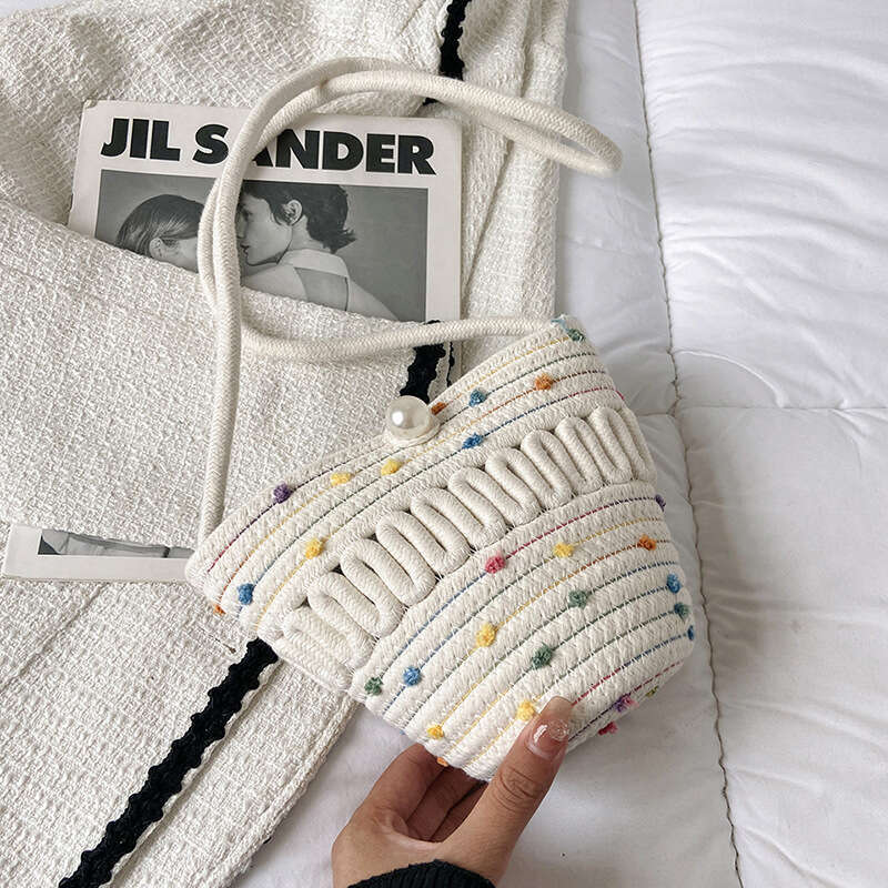 Diagonal Grass Mobile Phone Change Key Hollowed Out Cotton Thread Woven Bag, Casual And Cute Women's Bags