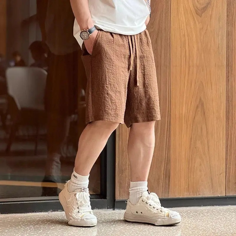Vintage Solid Elastic Waist Mens Casual Shorts Summer Drawstring Pocket Sports Loose Trendy Straight Black Beach 250109