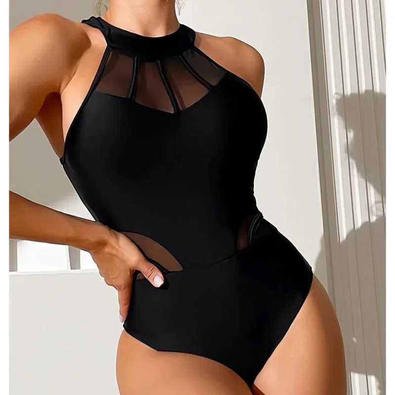 Black Sexy Net One Piece Swimsuit Closed Fa Swimwear Push Up Body Womens Swim Wear Bathing Suit Beach Pool Bather 2025XJ240108