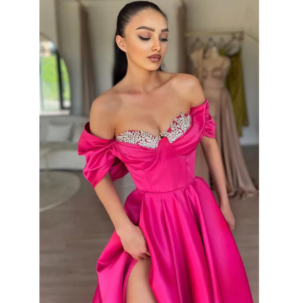 Fuchsia A Line Evening Dresses Sexy Off The Shoulder Beading Formal Party Prom Gowns High Split Vintage Prom Dress Plus Size