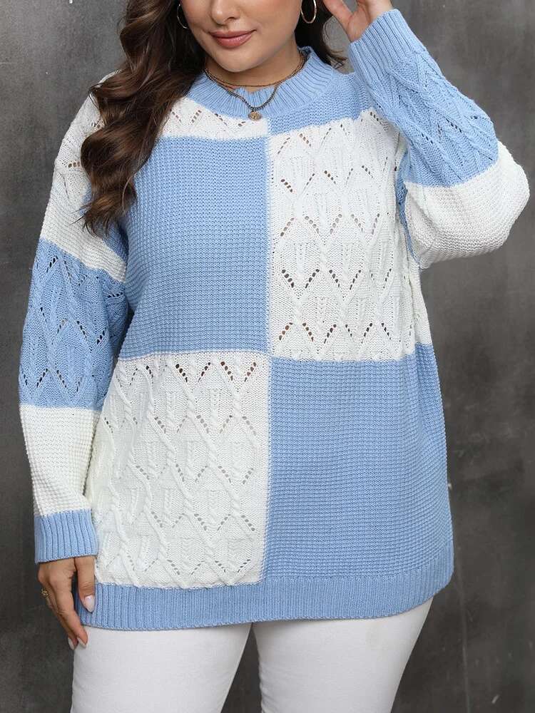 GIBSIE Plus Size Autumn And Winter Color Block Knitted Sweaters Women Casual Long Sleeve Crew Neck Pullover Women's Tops Jumpers