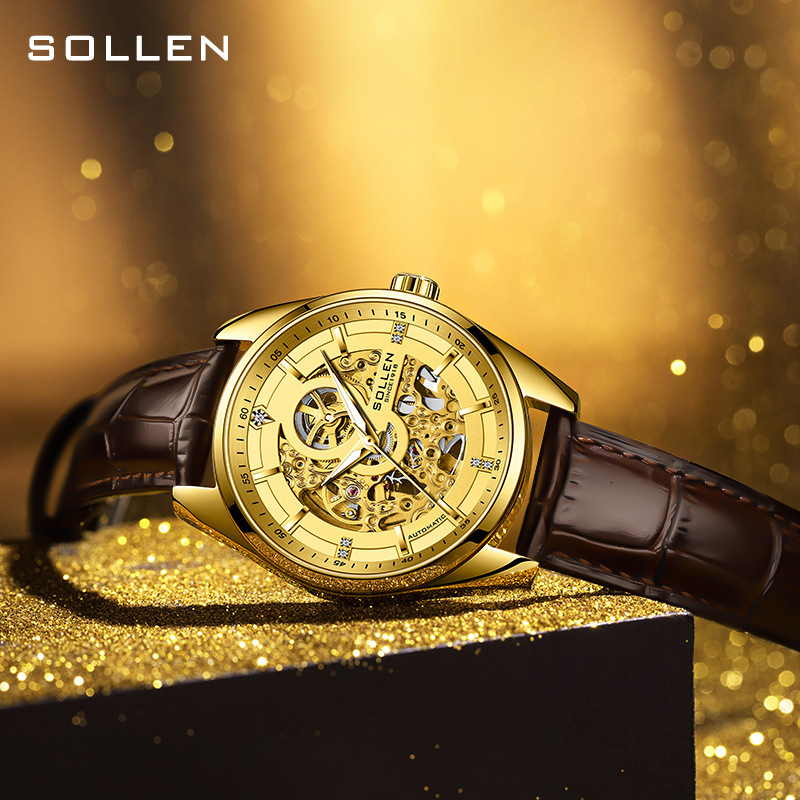 Men's Automatic Mechanical Watch with Night Glow, Waterproof, Skeleton Dial, Gold Face, Tourbillon Business Watch