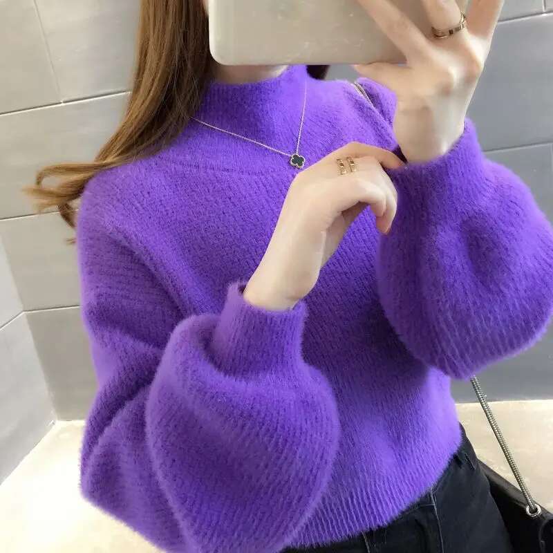 Autumn Winter Imitation Mink Fur Pullover Lazy Style Short Lantern Sleeves Women's Clothing Base Knit Sweater Thick Tops