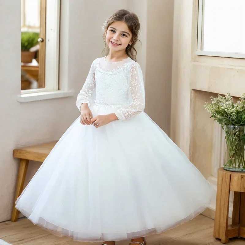 Lace Long Sleeve Ball Gown Summer Hildren Girls Par Dresses Fashion Solid Color Flower Girl Dresses for Weddings 4-14YearsXJ250108
