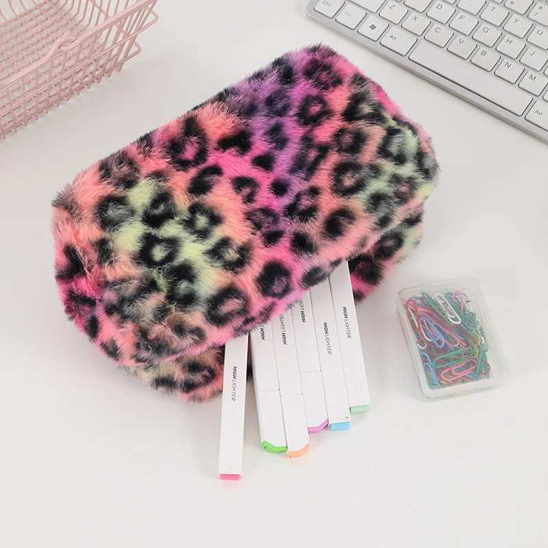 Leopard soft plush travel cosmetics lipstick brush storage bag toilet kit womens makeup handbag organizer bag pencil case W250109