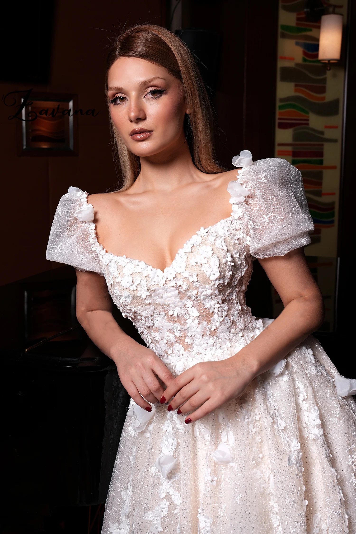 A-e Lace Applique Bridal Gown with Sweetheart Necke & Short Sleeves - Sweep Train, Customized Wedding Dress